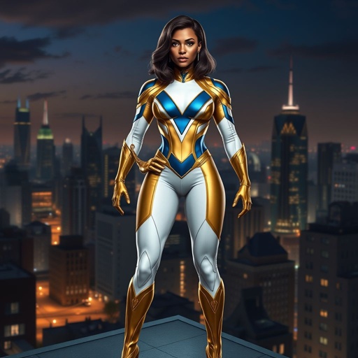 African American female superhero with shoulder length hair in a side part style wearing a gold and white suit with blue accents with white pants and gold boots with a stylized V as her chest emblem standing ona roof in a Philadelphia at night