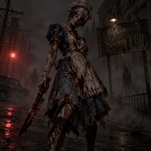 Silent hill with the nurse from the silent hill movie but in Alice’s dress from Alice in wonderland 