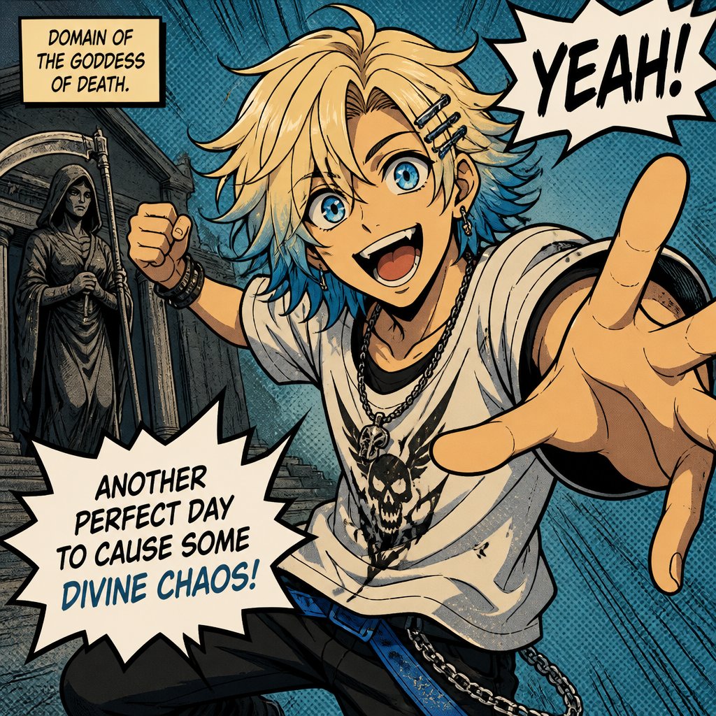Anime male grandsons of the goddess of death,very excited boy with blonde hair and died blue tips hair styled with being up to neck length and one side having hair clips and his top hair is more bushed nice up his other side of hair being loosed with no hair clips and blue eyes casual clothes has the power of death and always looks at the good things in life When a friend or family member gets really extremely harm to possibly no return his dark side will come out his skin become gray his hair becomes full blue his tips a more dark blue his eyes become a bright shining yellow no pupils his sclera becomes black his powers become extremely strong very dangerous to be near him when he unleashes his full powers he will also have black swirls around him when this happens