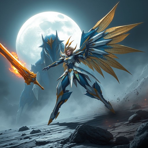 A blue white and gold feminine mech with a giant flaming sword and metal wings fighting a blue and gold kaiju on the moon