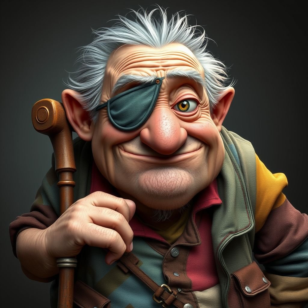 Create a grouchy funny old character who has 1 eye patched. Make him fat with a cane. Show his whole character head to toe in image 
