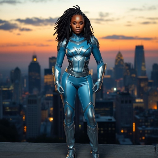 African American female superhero with locs in a shoulder length style wearing a leather slightly armored light blue and silver suit with light blue pants and silver boots and a V as her chest emblem standing in Philadelphia at dusk