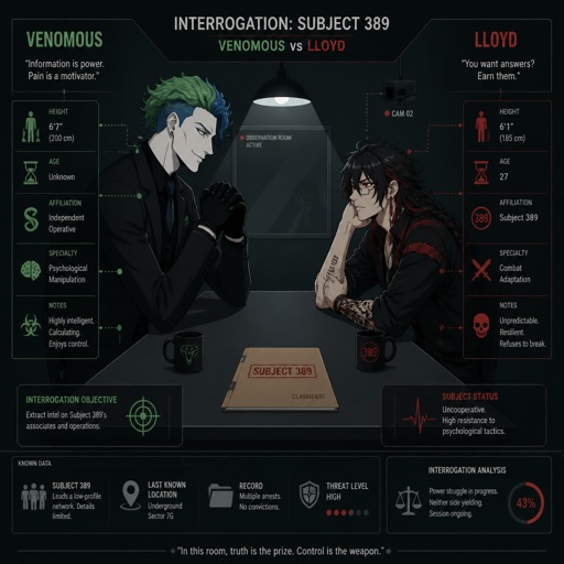 Man named venomous,tall, pale, green and blue long hair mysterious,serious . Anime white male, name Lloyd, hair messy long one loose braid, black hair with light red stripes, clean shaven,red eyes, long scary fingers spider fangs, glasses, cold, laugh mockingly, traumatized,was a unwillingly experiment many years before getting rescued, no memory of his past, has power of a spider, poisonous makes spider webs with his hands, can communicate and control spiders, on right arm a print says sub 389, doesn't remember anything from his past,very dangerous. Venomous and Lloyd are in a room across a table from each other Venomous is interrogating Lloyd trying to get him to talk about the experiment,Lloyd coldly says "the only answer I can give is that it was horrifying and painful"