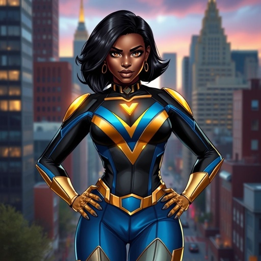 African American female superhero with hair in a shoulder length side part hairstyle with pure Gold Glowing eyes wearing a black blue and gold accented suit with blue pants and gold knee length boots with a V with the top half gold and the bottom half black as her chest emblem in Philadelphia
