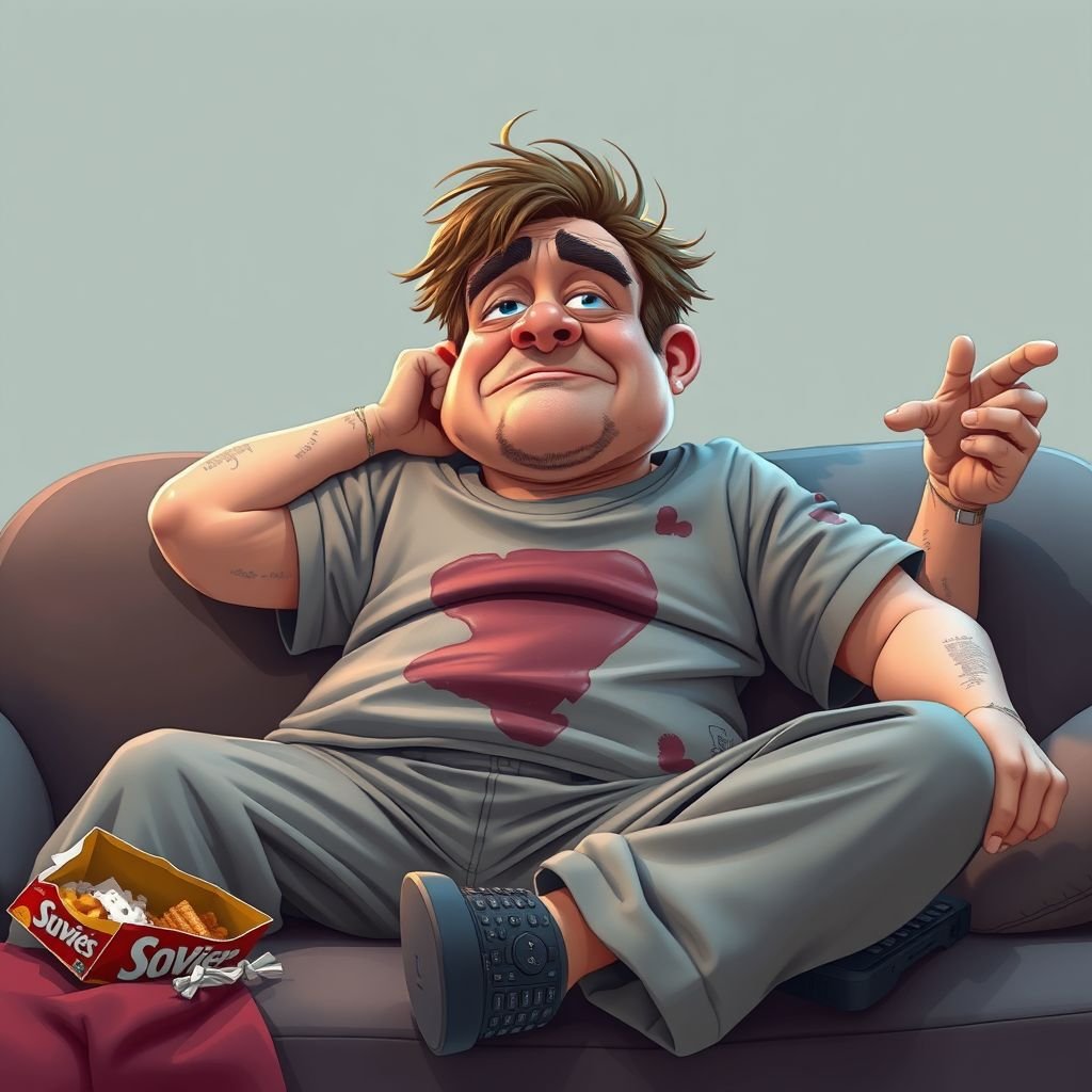 Create a adult humor character who is lazy as heck. And you could tell from his face and his entire outfit. Make is funny and the style of the graphic photographic
