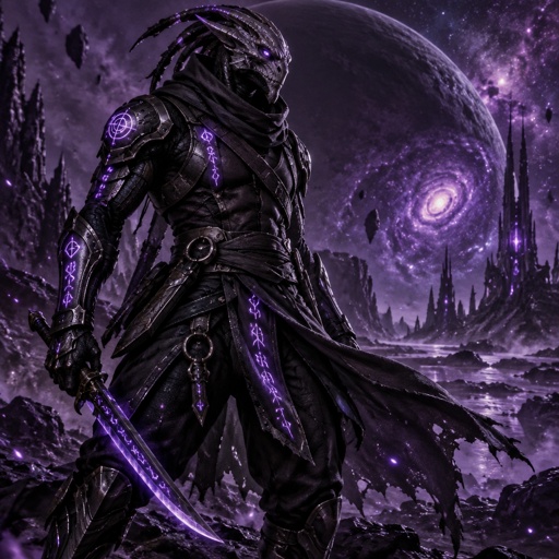 A alien beast in a futuristic black ninja Assassin space suite. On a dark purple planet background 