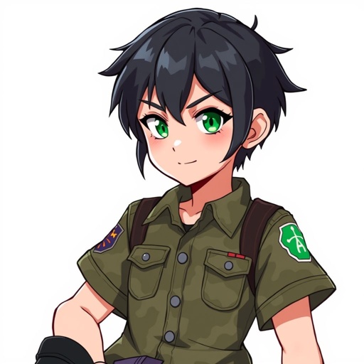 Short black hair. Jade green eyes. A camouflage shirt. Tomboyish. 13 years old