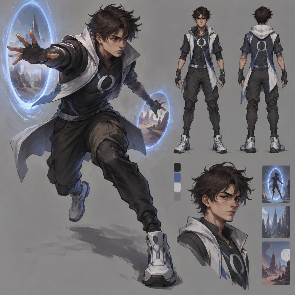 Young Male Superhero with dimension hopping abilities, simple costume
