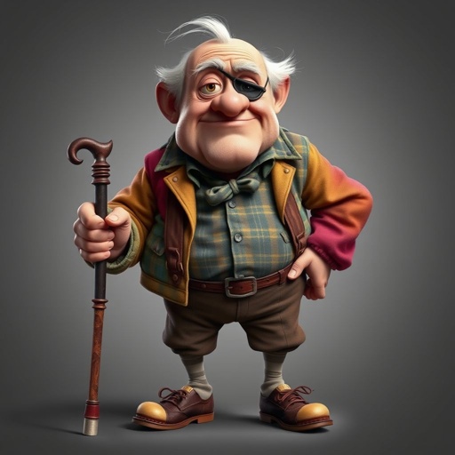 Create a grouchy funny old character who has 1 eye patched. Make him fat with a cane. Show his whole character head to toe including shoes 