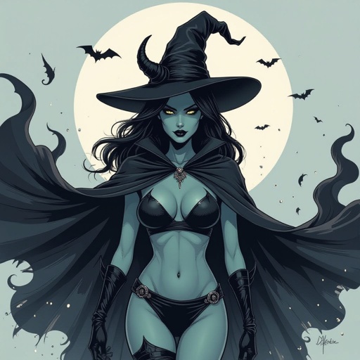 sexy shadow demon witch gypsy slate grey skin large black billowing cloak that emits darkness and shadow. Two piece. Witches Hat. Two Demon horns