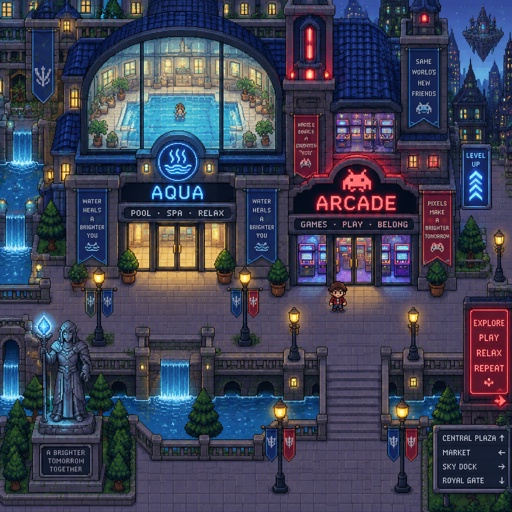 Indoor Pool/arcade for a futuristic fantasy city game, exterior, top down style