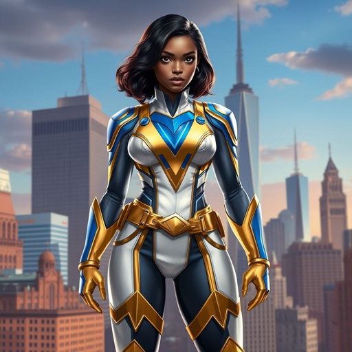 A teenage African American female superhero with slightly curly hair in a shoulder length side part style wearing a slightly medieval white and Gold suit with blue accents and a stylized V as her chest emblem a utility belt and gold boots standing in Philadelphia