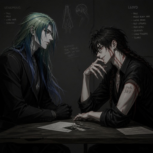 Man named venomous,tall, pale, green and blue long hair mysterious,serious . Anime white male, name Lloyd, hair messy long one loose braid, black hair with light red stripes, clean shaven,red eyes, long scary fingers spider fangs, glasses, cold, laugh mockingly, traumatized,was a unwillingly experiment many years before getting rescued, no memory of his past, has power of a spider, poisonous makes spider webs with his hands, can communicate and control spiders, on right arm a print says sub 389, doesn't remember anything from his past,very dangerous. Venomous and Lloyd are in a room across a table from each other Venomous is interrogating Lloyd trying to get him to talk about the experiment,Lloyd coldly says "the only answer I can give is that it was horrifying and painful"