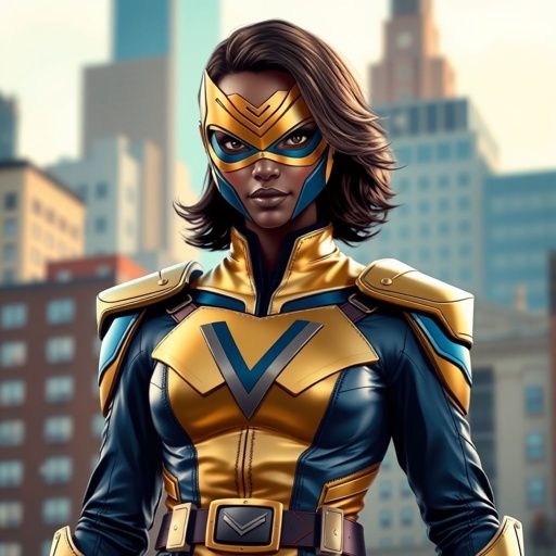 A teenage African American female superhero wearing a domino style mask with slightly curly hair in a shoulder length side part style  wearing a slightly armored polyester and leather gold suit with blue accents gold pants and a stylized V as her chest emblem a utility belt and blue boot heel less standing in Philadelphia  
