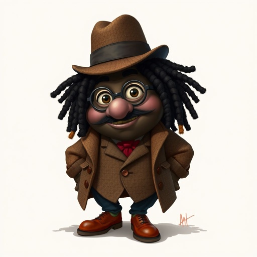 Create a funny fat character similar to Sherlock Holmes, but make him of black decent and with dread locks. Show his whole outfit including his shoes.