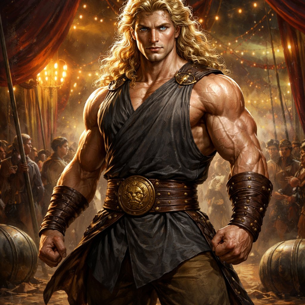 A tall well~proportioned male, so handsome he looks like a Greek god with muscles. With deep-set blue eyes and strong brows, and a peaceful but determined expression on his face. His hairstyle is a thick curly blonde mullet. He works at freak show as a strong man. His outfit consistsed of a Charcoal-toned sleeveless Greek tunic, thick leather belt, leather wristbands/cuffs, brown pants.