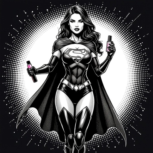 Create a superhero character showing there whole body head to toe, a lady who loves beauty products  
