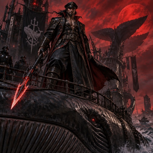 His name is Captain Shipwreck, a super villain, futuristic whale hunter, futuristic whale ship.  Japanese muscular, futuristic captain suite