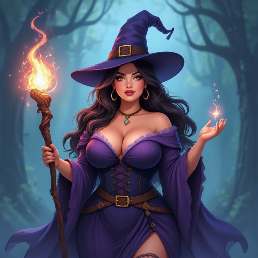 A curvey plus size witch with long hair and a witch hat