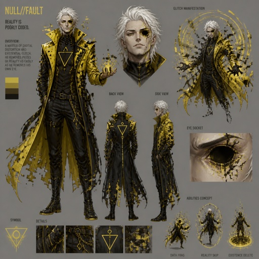 Male supervillain with glitch abilities,missing eye, yellow color palette , white hair, multiple of the same character 