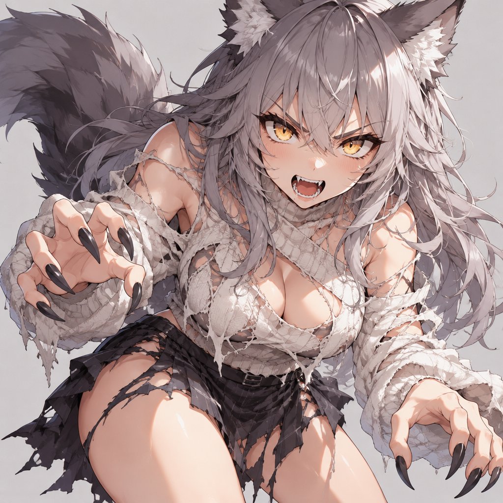 Werewolf, shredded sweater, shredded skirt