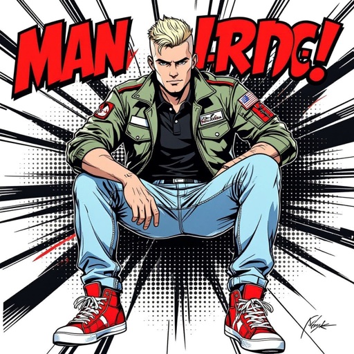 man with Platinum Blonde Military Buzzcut Hair.  Astronaut Flight Jacket Black And White Polo and Light blue denim jeans with red sneakers