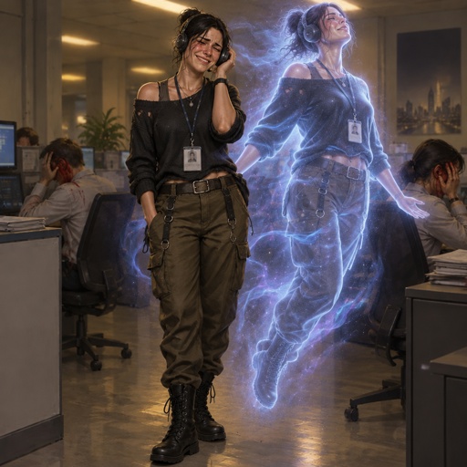 a woman standing next to a computer desk