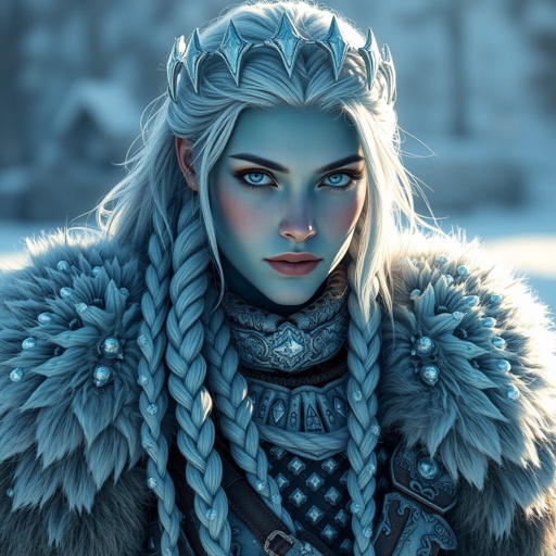 A battle-hardened woman with icy-blue skin. Her long silver hair flows in braids tipped with frozen beads. She wears heavy, fur-lined armor made from the hides of snow beasts. A frost-shaped crown rests lightly on her head. Please show whole character not just waste up.