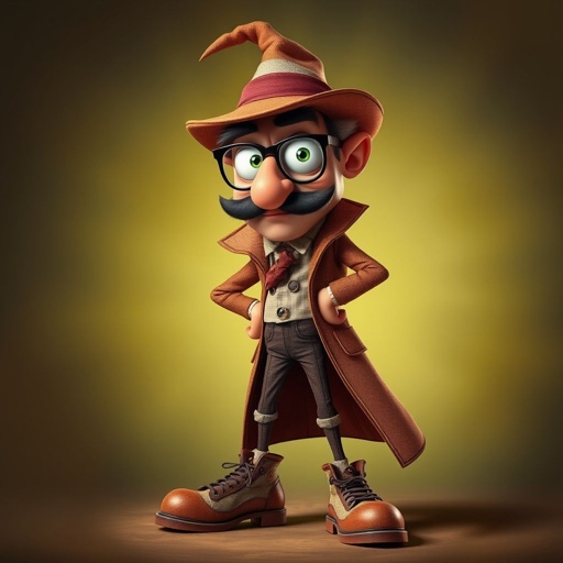 Create a character who is a goofy looking detective, who is confident. But funny looking and grouchy . With cool shoes on.