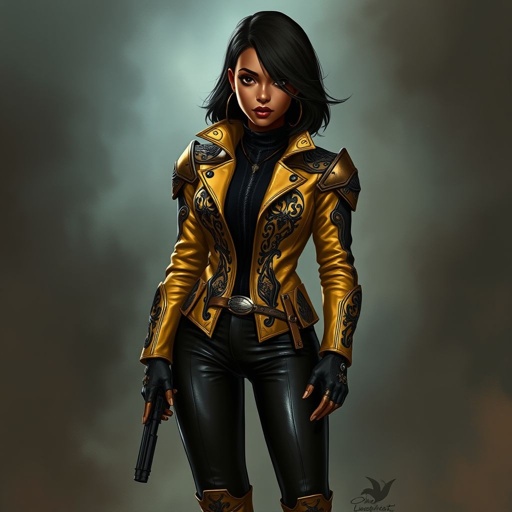 A teenage African American female with shoulder length hair  in a side part style wearing an armored gold leather jacket with black accents black leather pants and gold boots with a gun belt and two guns on her hips