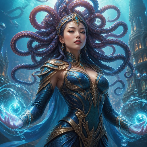 Her name is Octo-Perfection, she is a gorgeous woman Asian, she is a superhero, her hair is octopus arms, she is from the planet Atlanton. 