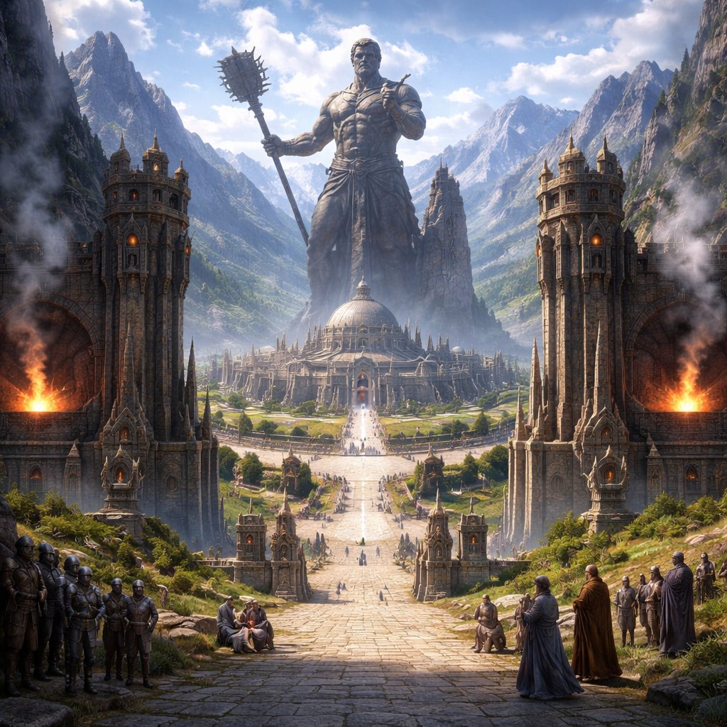 Built where mountain meets open land, this city represents unity, not isolation. ⸻ Key Features The Split Gate • One half carved in traditional dwarven stone • The other built with human architecture • Always open—never closed ⸻ The Statue of Goilon • Towering figure at the city’s heart • Depicted with: • Mace in one hand • Missing hand visible—not hidden • At its base, engraved: “He chose to build what others chose to break.” ⸻ The Hall of Accord • Where disputes are settled peacefully • Circular design—no throne, no higher seat • Symbolizes equality between all voices ⸻ The Twin Forges • One for weapons • One for tools and creation Both burn equally— reminding dwarves that creation and destruction must stay balanced ⸻ The Guardian Wing • Built in honor of Goilon’s role • Connected to the greater Guardian Temple • A place where: • Diplomats train • Warriors learn restraint • Sorcery is studied carefully