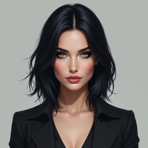 Show character head to toe. Create a mid age fantasy woman jet-black hair is cut sharpand her eyes seem to pierce through darkness. A shadowy aura clings to her form,