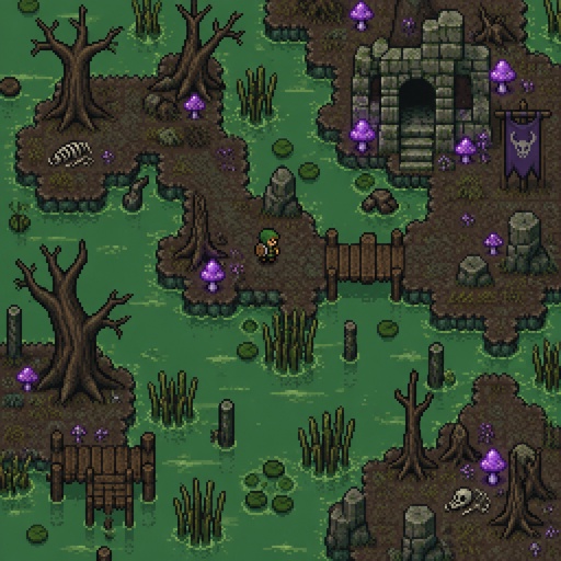 Swamp for a modern fantasy game, exterior, top down style