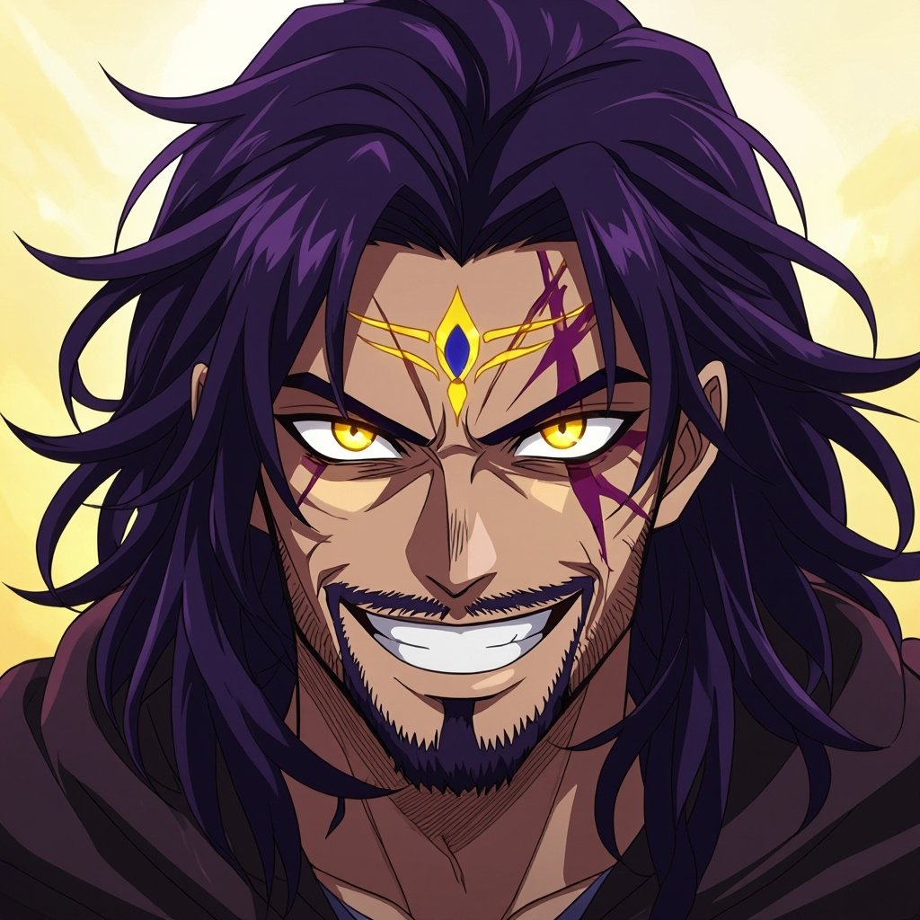 A long messy dark purple haired 20 year old with a big evil smile who has a stubble beard with yellow glowing eyes and Egyptian art on his face big strong guy with a dark cloak over himself a scar over his eye and looks upset but excited for battle with a yellow purple aura 