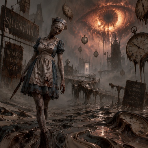 Silent hill with the nurse from the silent hill movie but in Alice’s dress from Alice in wonderland 