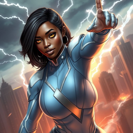African American female superhero with hair in a shoulder length side part hairstyle with pure Gold glowing eyes wearing a leather slightly armored light blue white and silver suit with light blue pants and silver boots and a V as her chest emblem controlling a storm in Philadelphia