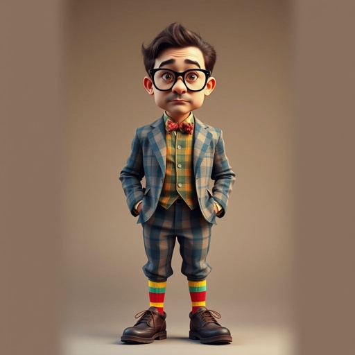 Create a funny looking serious man in the world, with a not so stylish outfit head to toe