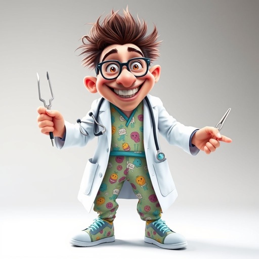 create a doctor. Who is funny human looking from head to toe. And he always immediately results to surgery for anything even small things. So please be sure to show his whole outfit head to toe. Make him have only 1 tooth