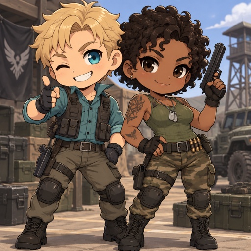 Male, short messy blonde hair, brushed side hair, hair in middle of forehead, smiling, cyan shirt, plain flat bulletproof vest, fingerless gloves, knee pads, belt with gun, Female, African American, curly half cut short hair, green tank top, camo pants, belt with bullets, fingerless gloves, dog tags, belt across chest, arm strap, tattoos, gun, both posing