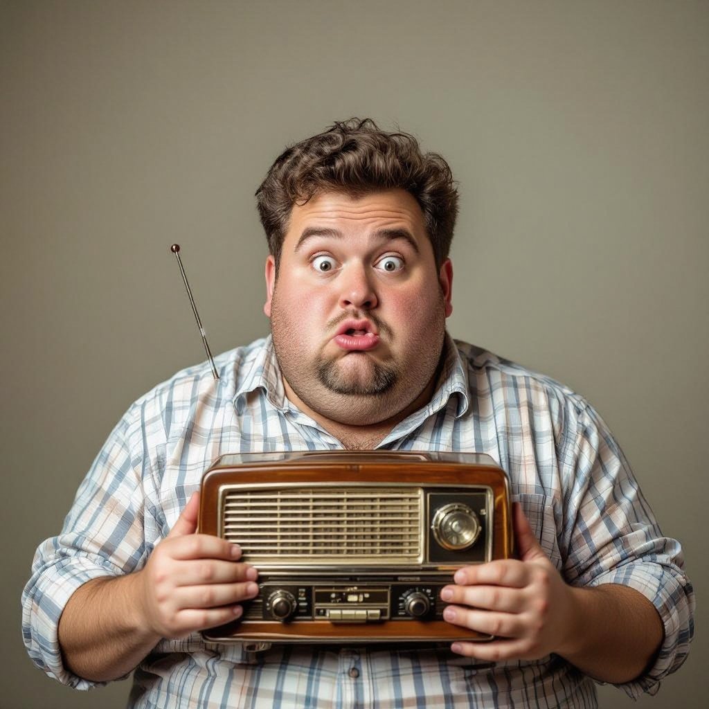 Create a funny fat guy who has a book box radio , make it kinda cartoonish 