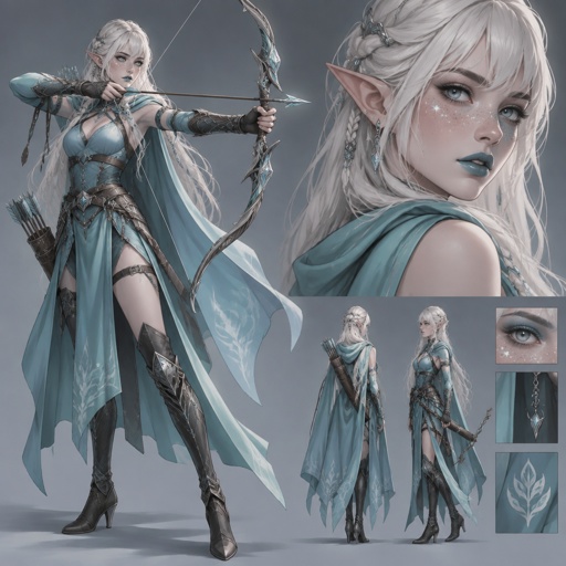 Female elf, long white hair, cyan clothes, bow and arrow, sparkle freckles, bangs, cyan lip stick