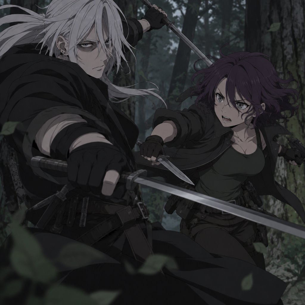 Anime style, male, name kai,highly skilled in fighting all fighting styles and weapons, long white hair half in face ,dark bags,white skin,earrings, history unknown,Female, name is Beth,medium wavy dark purple hair, gray eyes, short, open jacket with a dark green shirt, she is a Bounty Hunter for hire, there fighting in the woods