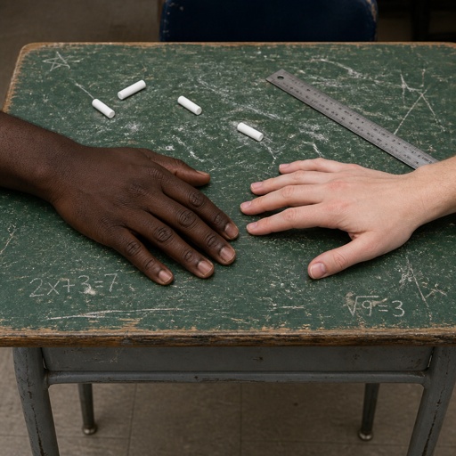A black hand and a white hand on a math desk