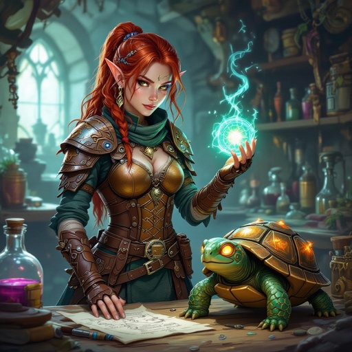 Red Head Half Elf Female Artificer with Tiny Turtle Construct
