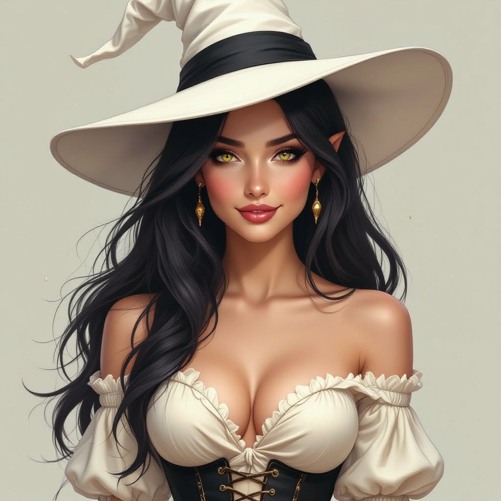 A dark-haired elf with a sly, knowing smile tilts her tall white witch hat over one golden eye. Her cream blouse shimmers faintly with magic, the loose fabric slipping from one shoulder to reveal the curve of a black corset beneath. A short, lacquered skirt catches the light as she steps forward, boots gleaming to her thighs, every movement poised somewhere between spell and seduction.