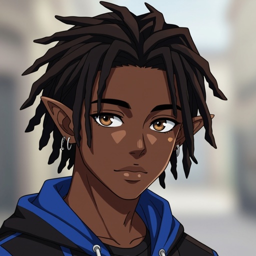 A 19 year old half human and half elf black man with short dreads wearing black and blue and brown eyes