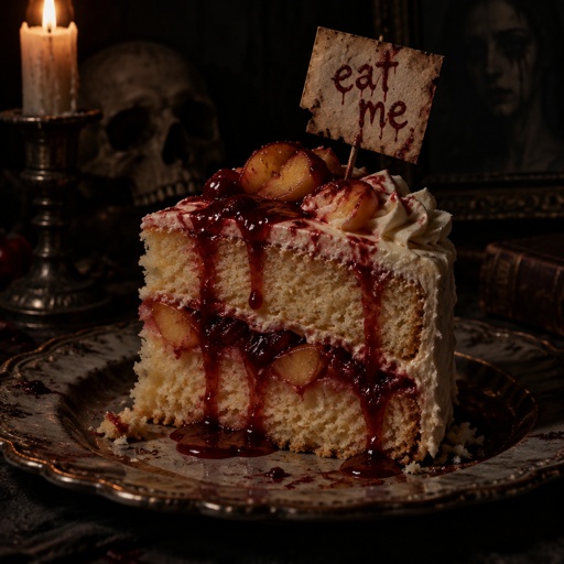 Slice of vanilla peach cake with a sign that says eat me 