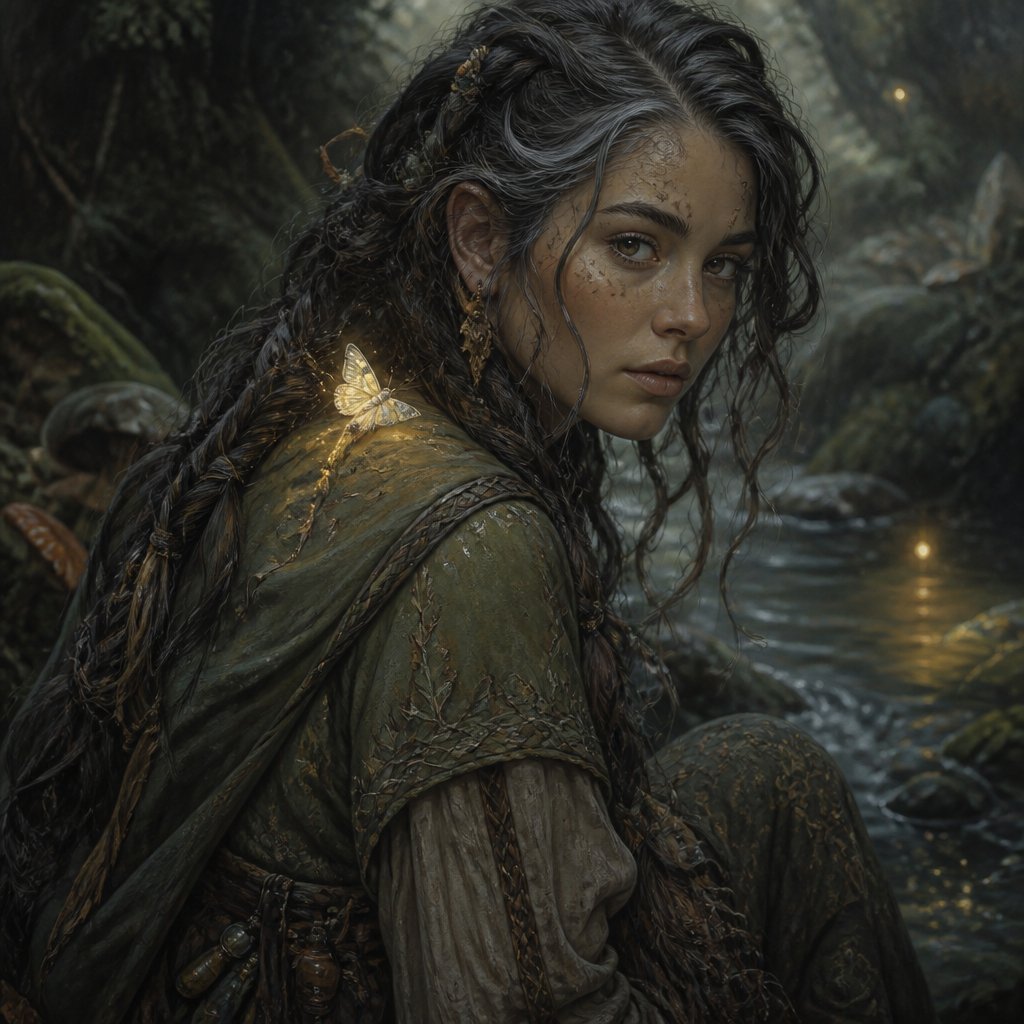 Dwarf Druid young adult woman with long black hair with streaks of grey in long messy braids with grey brown eyes. Wearing feminine clothes in earthy colors
