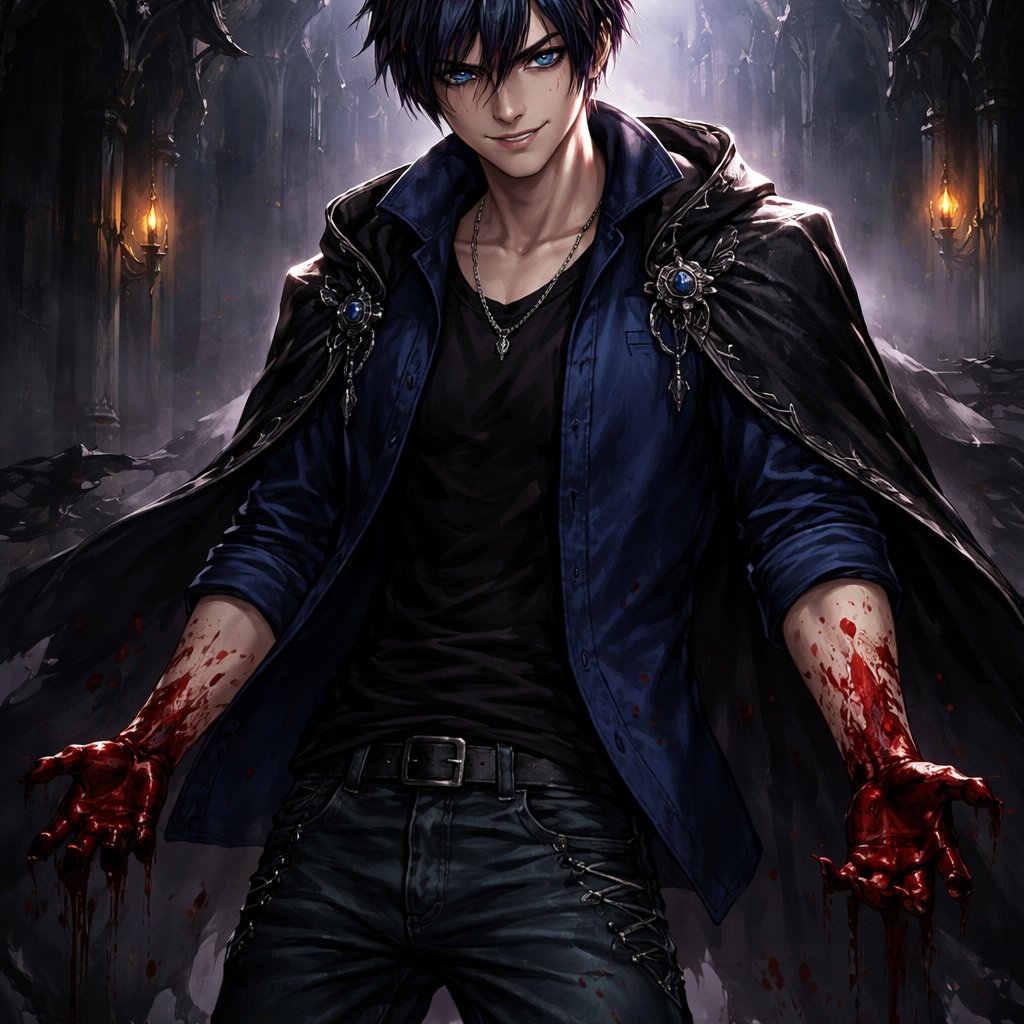An 18 year old prince who has black hair with purple stripes and has blue eyes. He is wearing a blue shirt and jeans. He looks strong and confidant. His hands are covered in blood and he is smirking.
